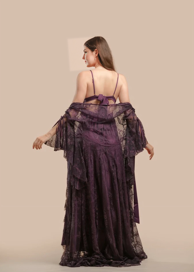 Long Satin & Lace Nightdress & Robe Set-Purple