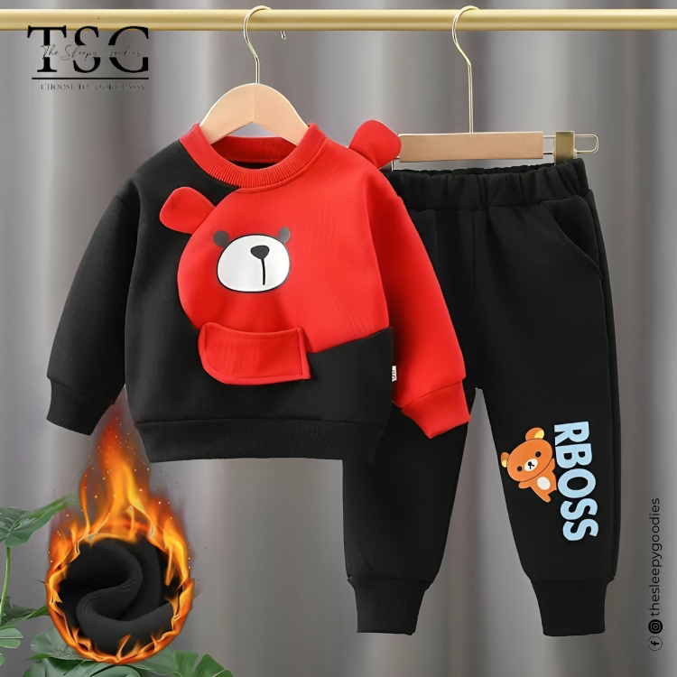 BLACK & RED CONTRAST PANDA PRINTED KIDS TRACKSUIT