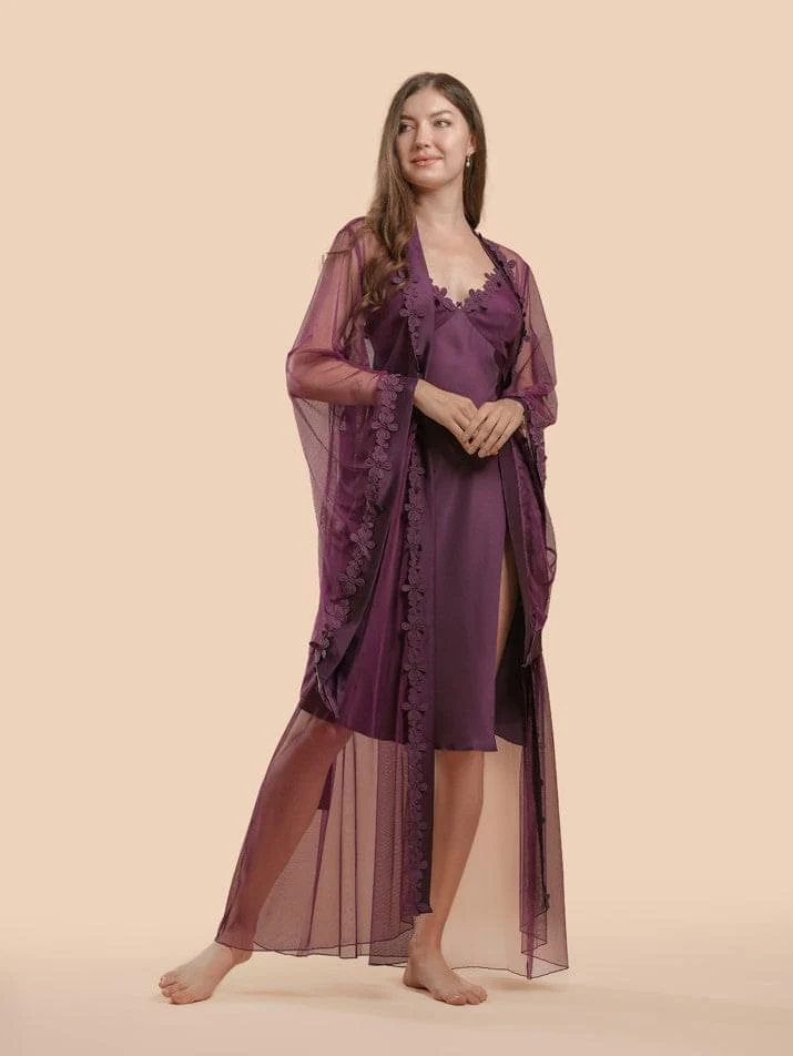 Long Satin & Lace Nightdress & Robe Set - Purple