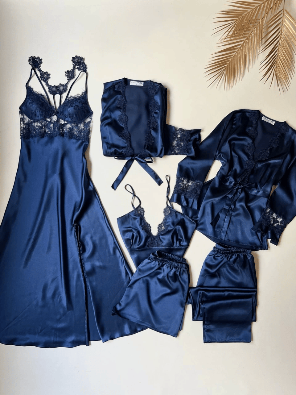 BLUE 6 PCS LONG SLIT SILK NIGHTY SET