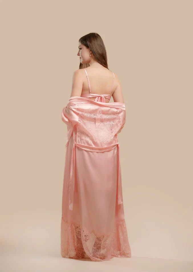 Long Satin & Lace Nightdress & Robe Set- Pink