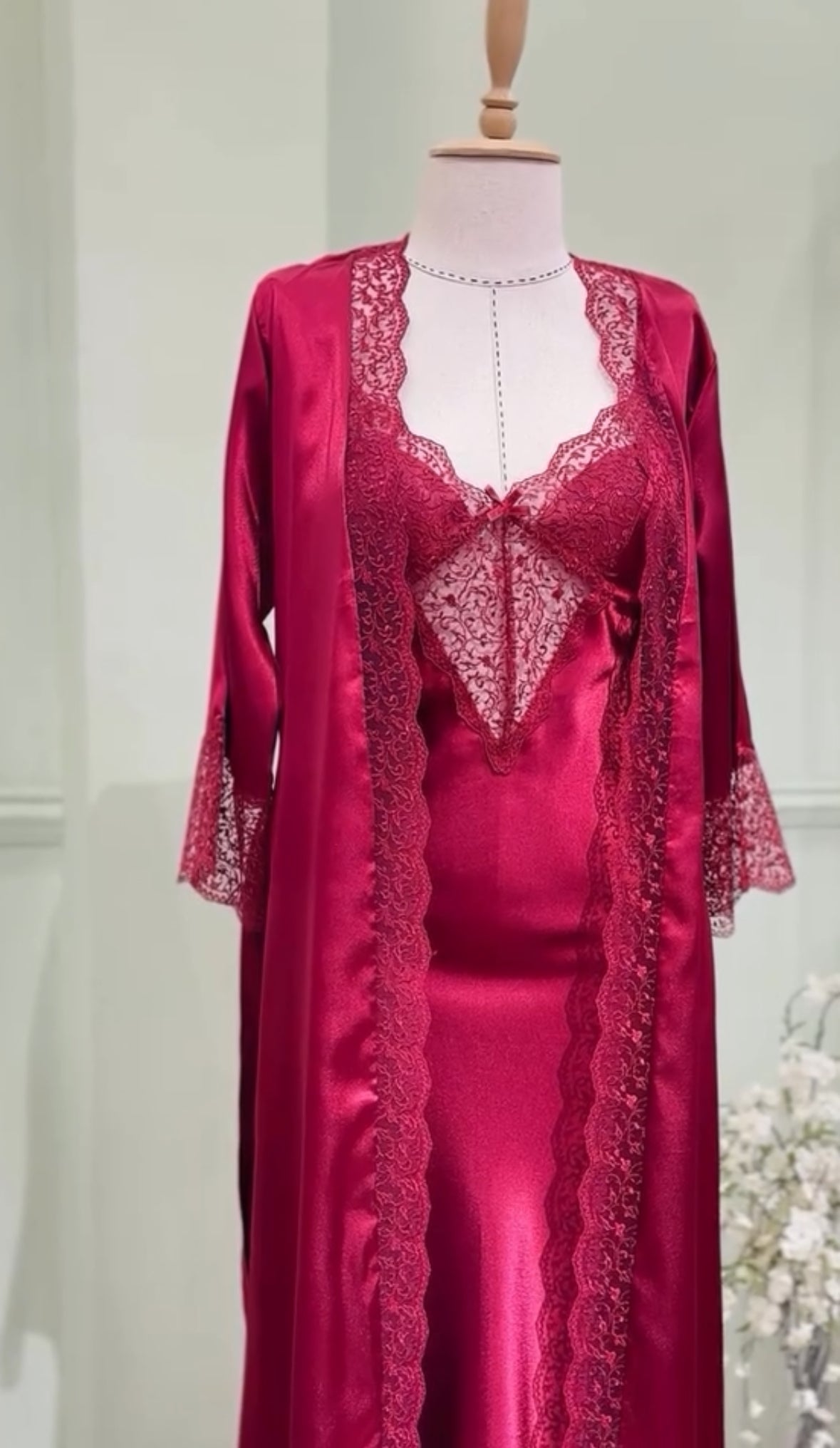 Maroon Long Gown Lace Bridal Nighty