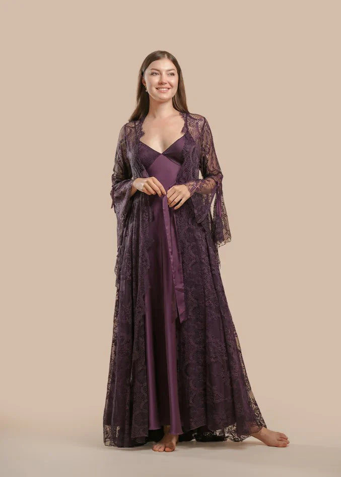 Long Satin & Lace Nightdress & Robe Set-Purple