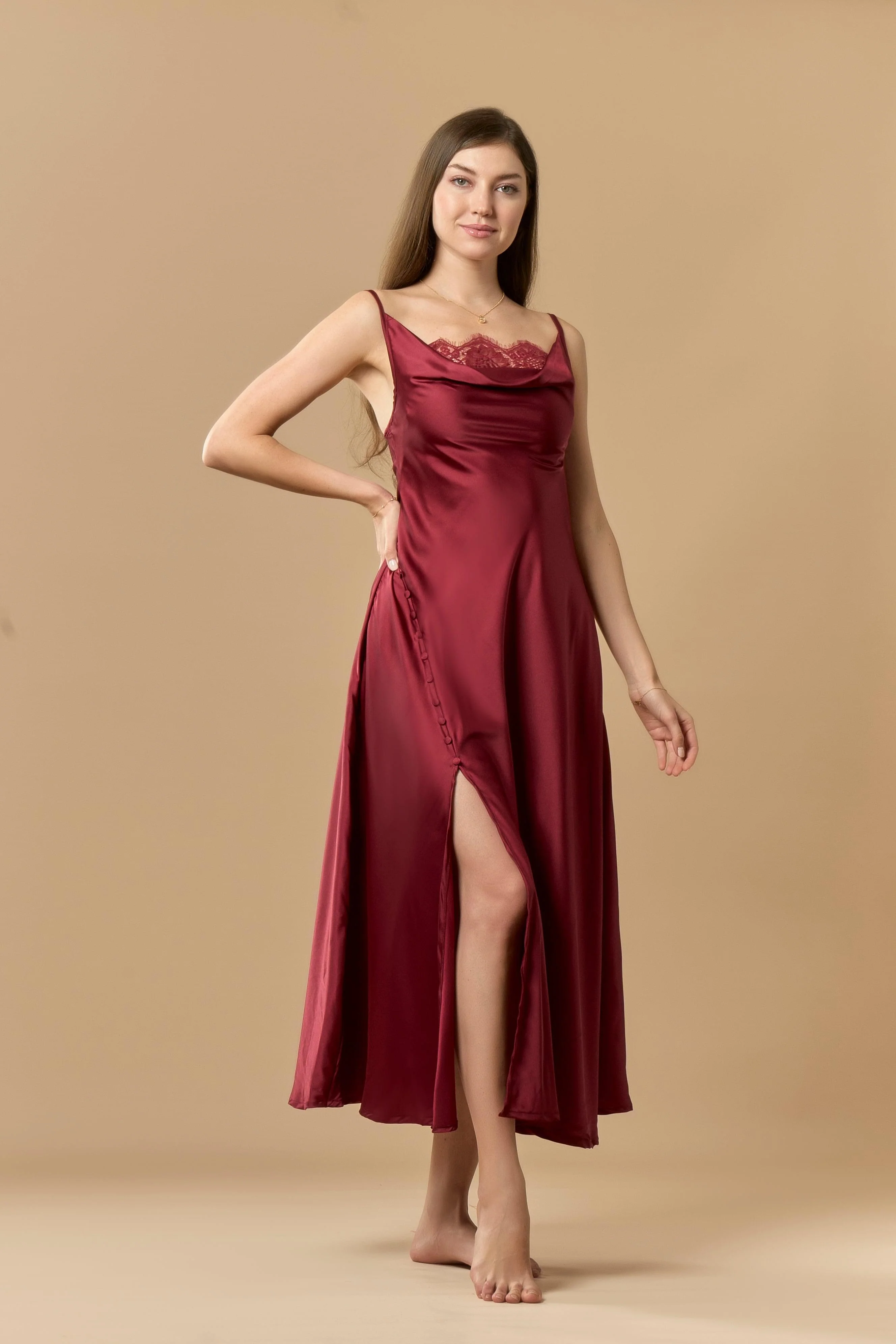 Long Satin & Lace Nightdress & Robe Set - Maroon