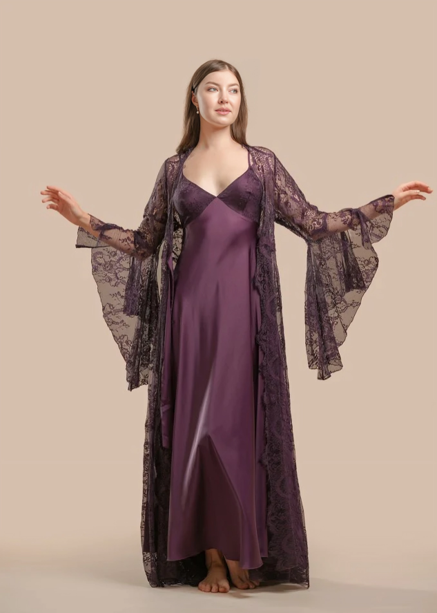 Long Satin & Lace Nightdress & Robe Set-Purple