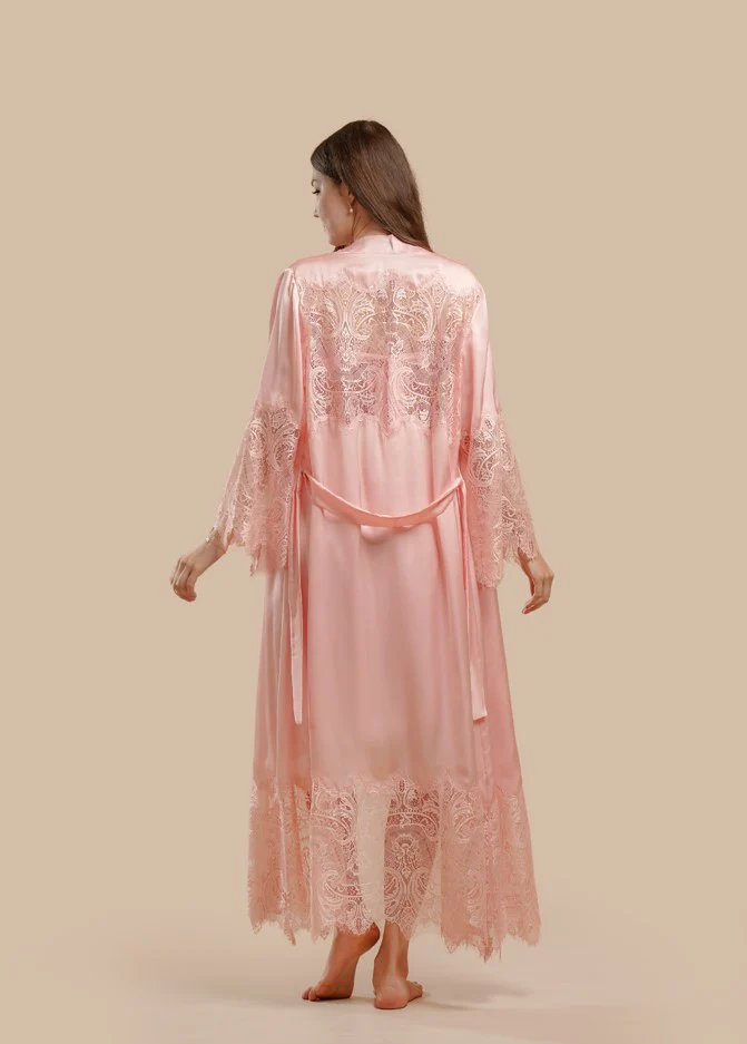 Long Satin & Lace Nightdress & Robe Set- Pink