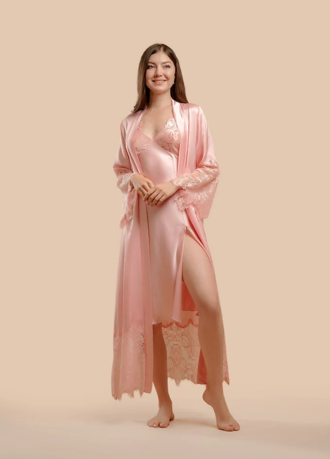 Long Satin & Lace Nightdress & Robe Set - Pink