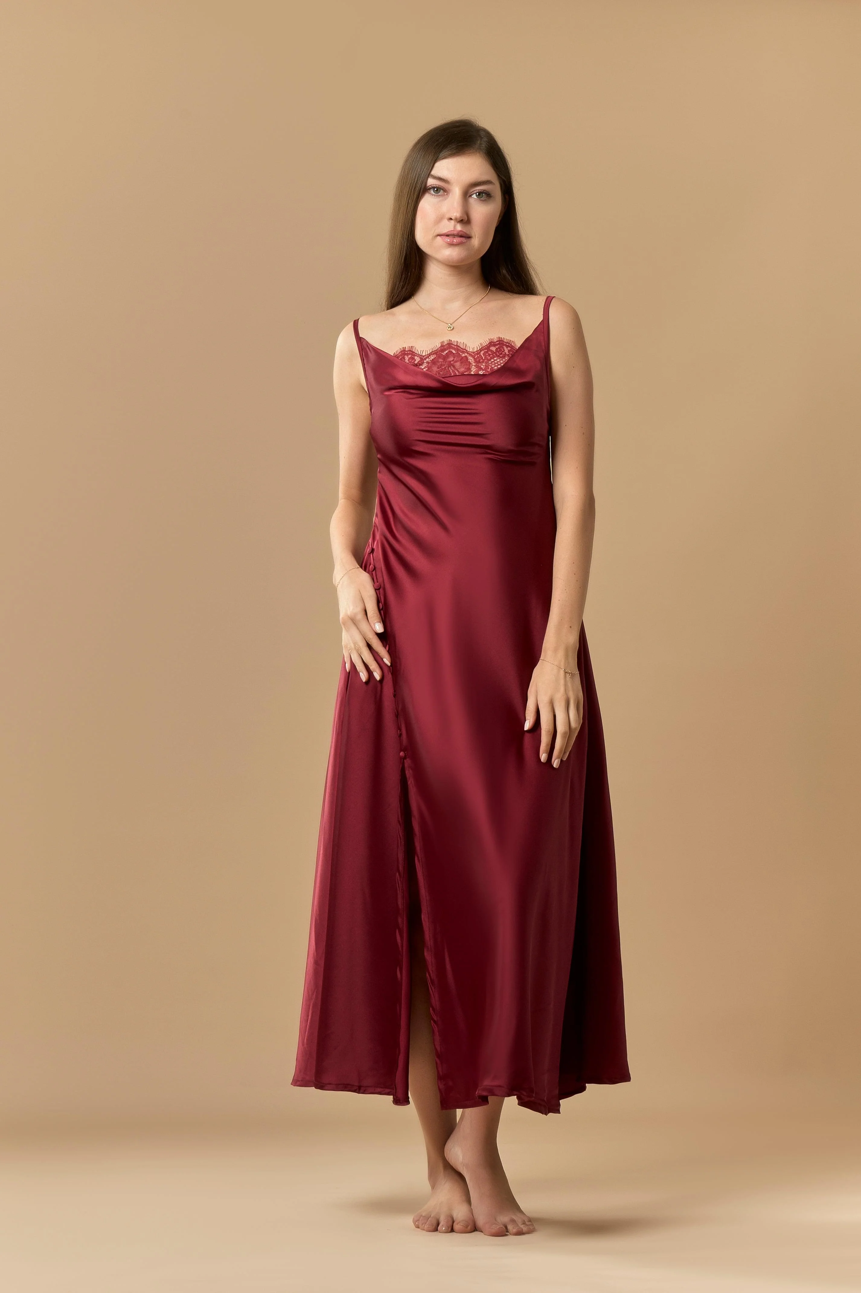 Long Satin & Lace Nightdress & Robe Set - Maroon