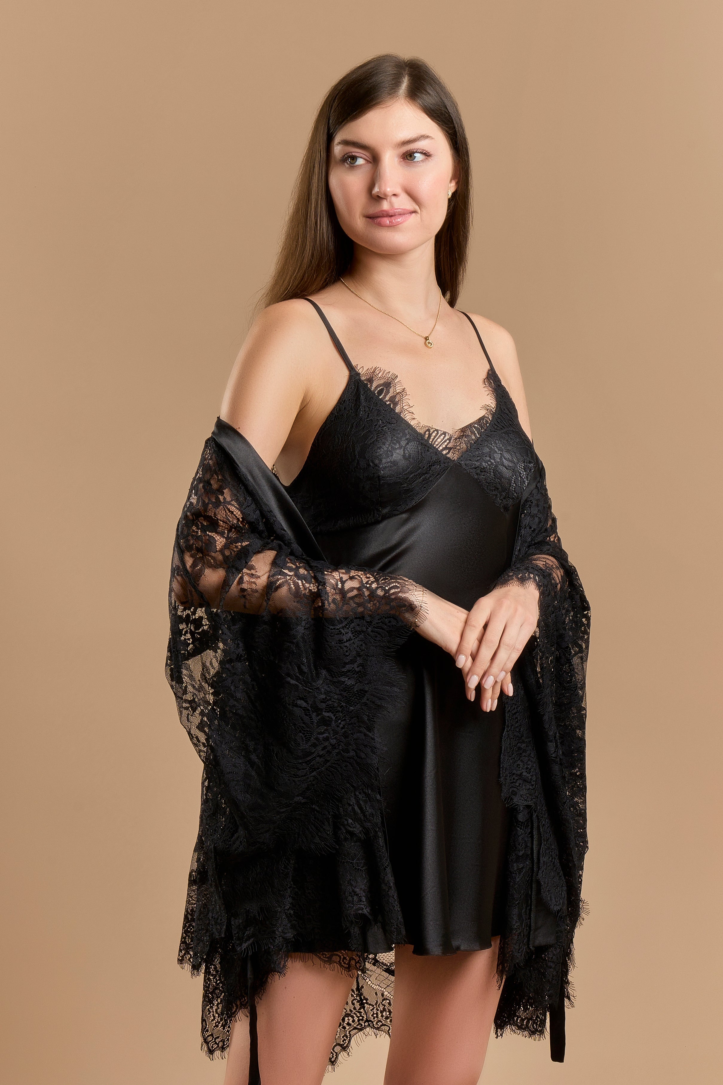 Short Satin & Lace Nightdress & Robe Set- Black