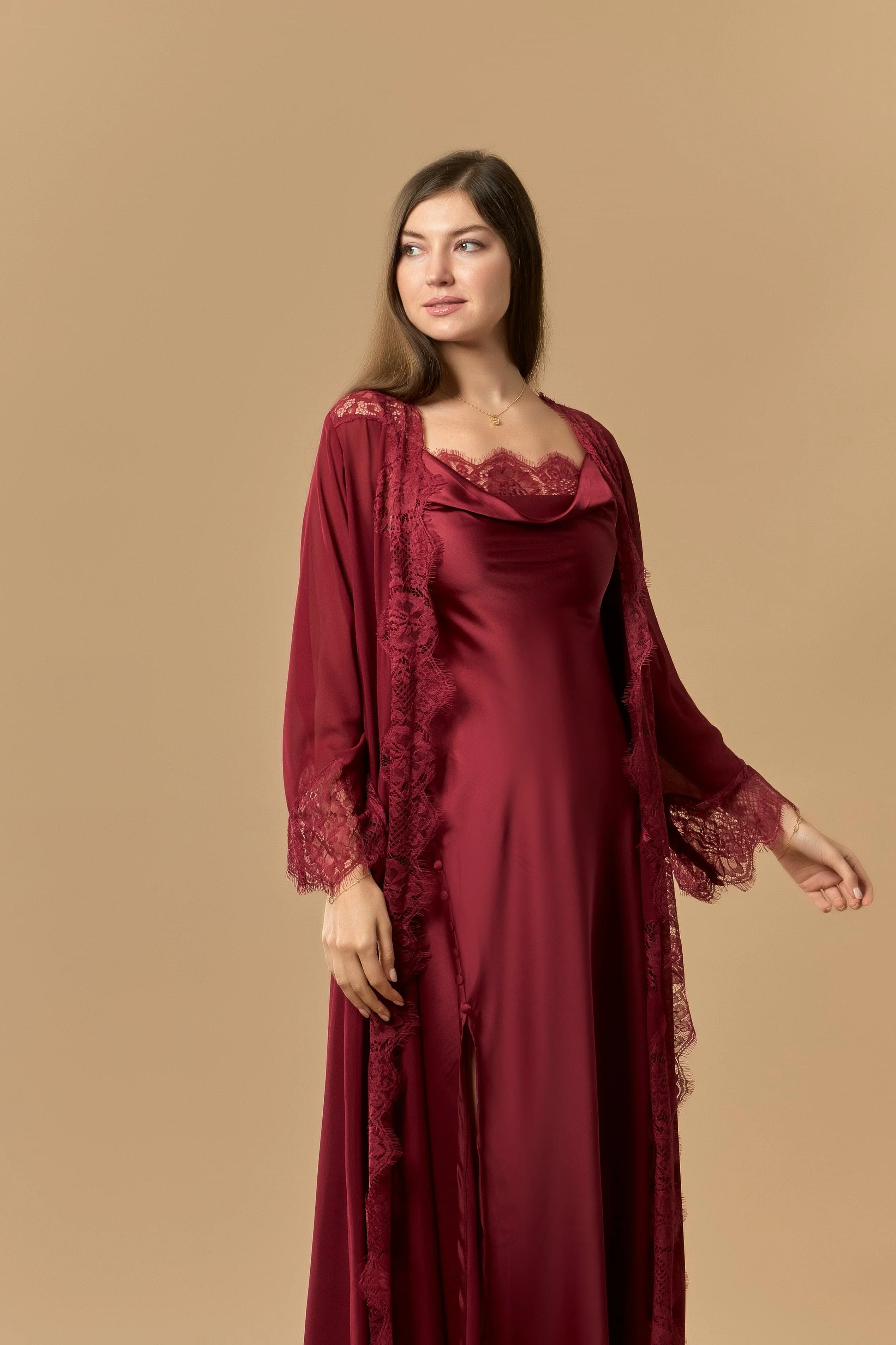 Long Satin & Lace Nightdress & Robe Set - Maroon