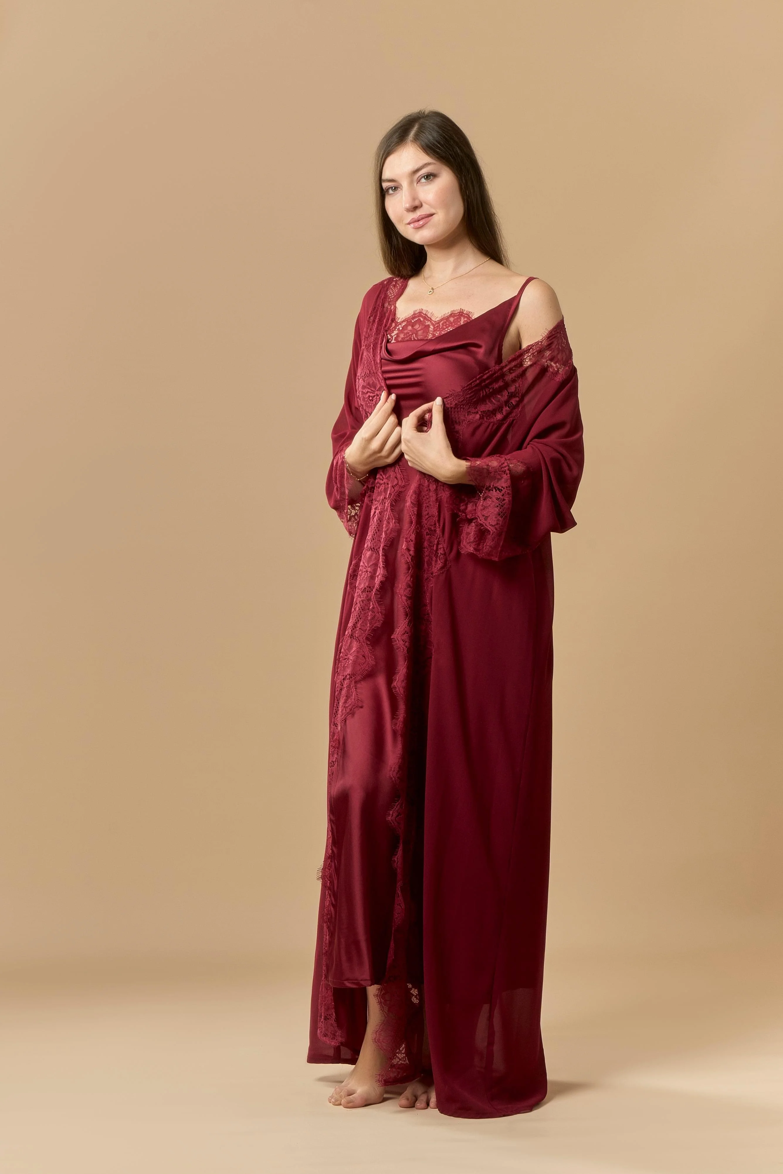 Long Satin & Lace Nightdress & Robe Set - Maroon