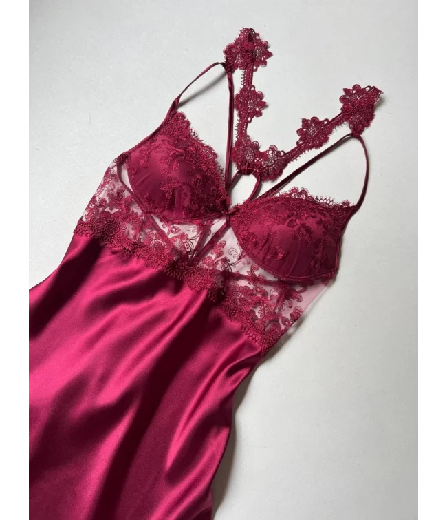 Maroon 6 PCS LONG SLIT SILK NIGHTY SET