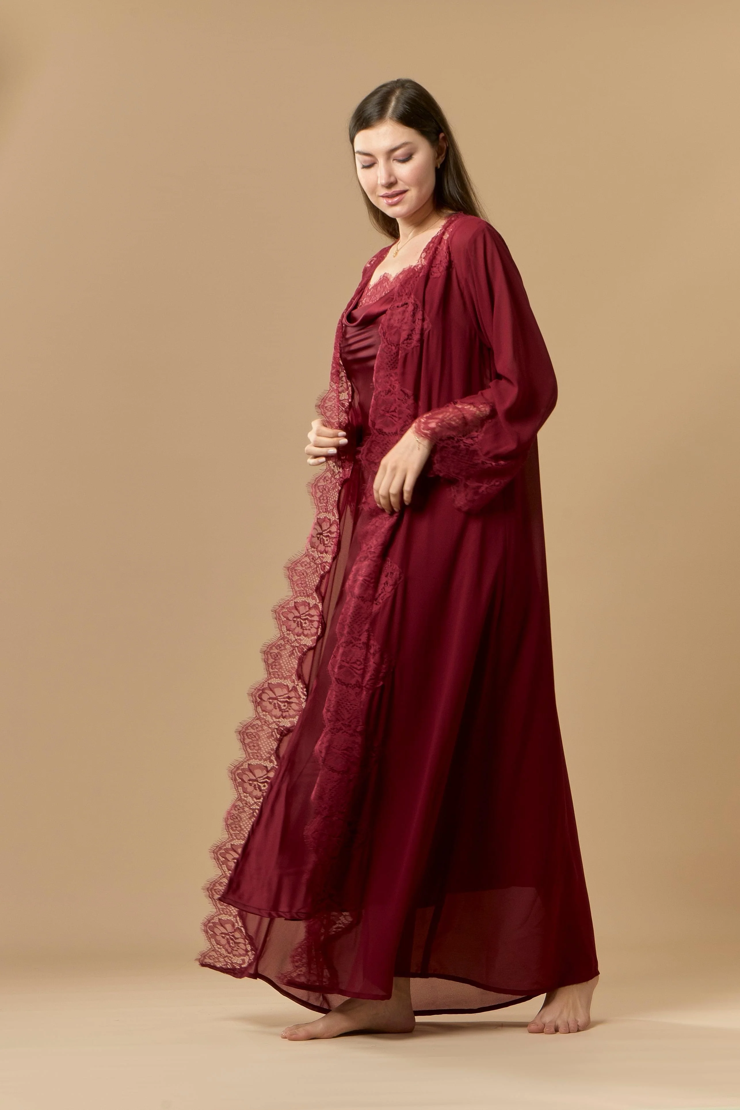 Long Satin & Lace Nightdress & Robe Set - Maroon