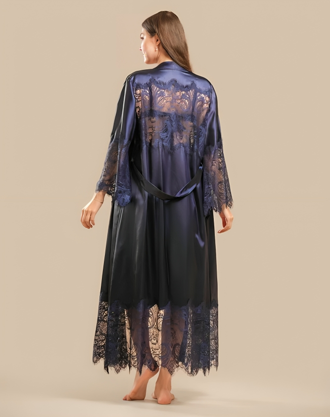 Long Satin & Lace Nightdress & Robe Set - Navy Blue