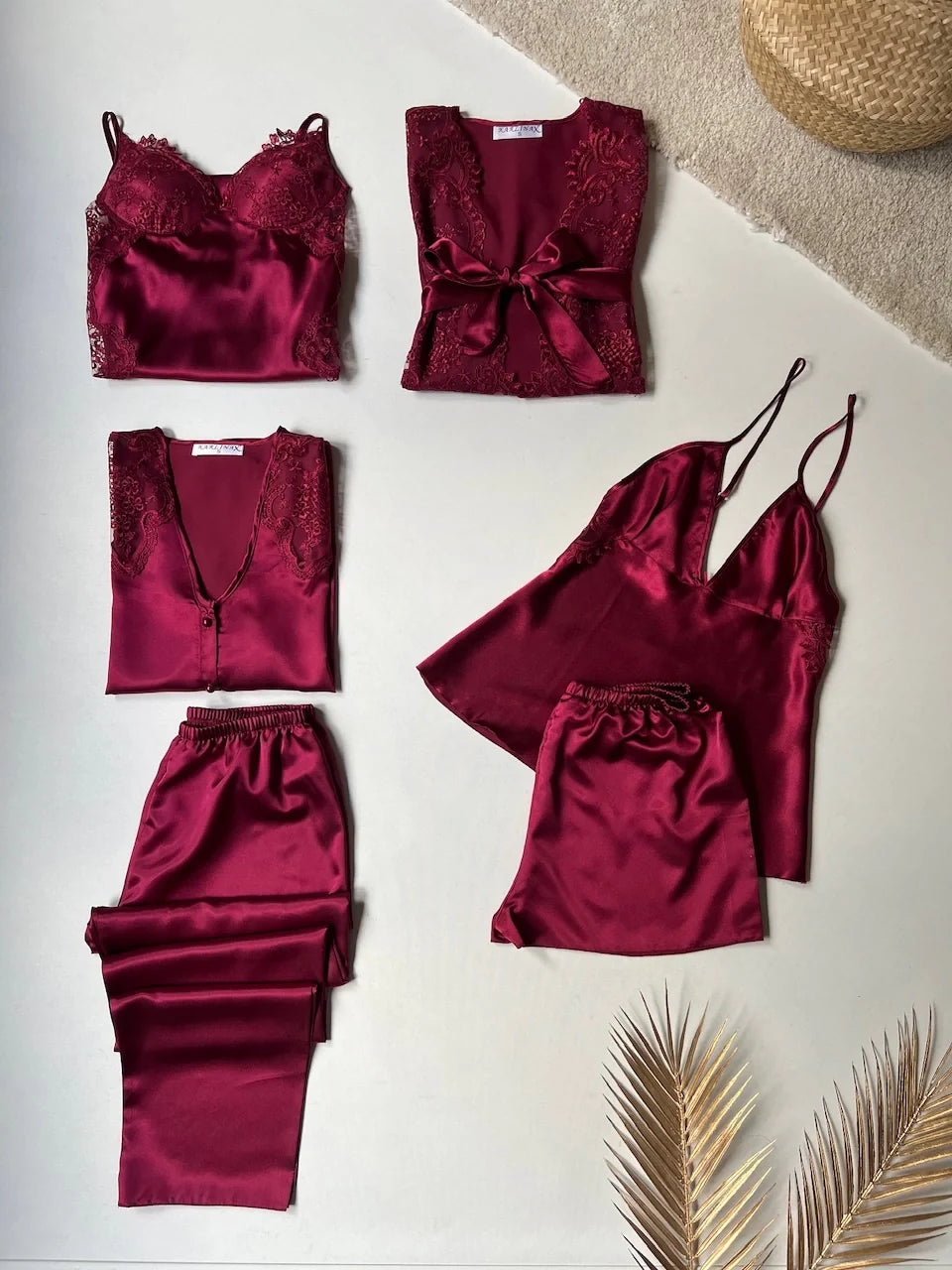 6Pcs Slit Turkish Style Nighty Set Maroon