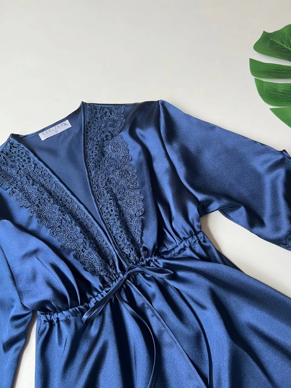 Navy Blue Guipure Detailed 6-Piece Satin Nightgown Dressing Gown Set