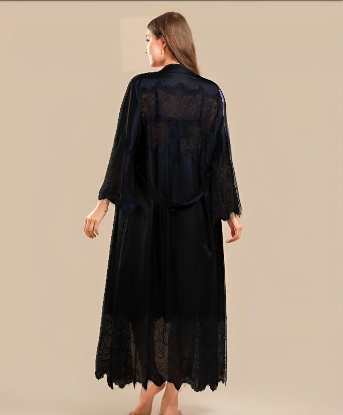 Long Satin & Lace Nightdress & Robe Set - Navy Blue