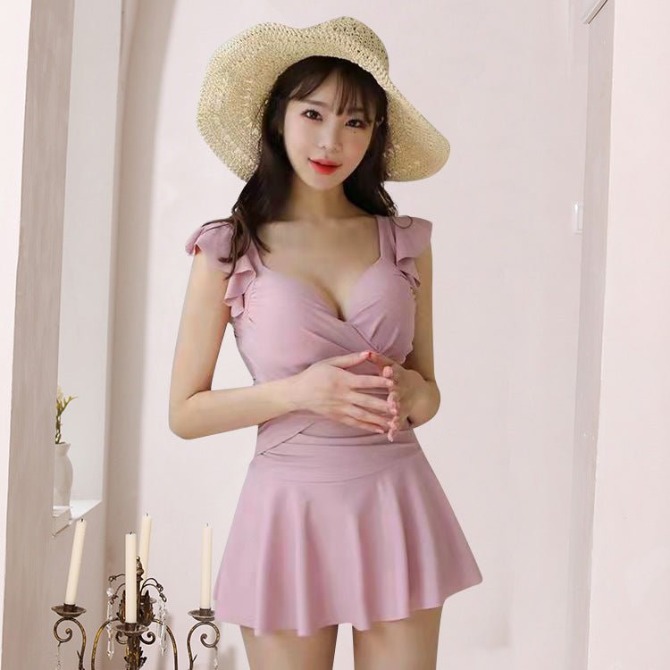 Solid Color Flare Swim Dress With Mesh Waist By Sinderella